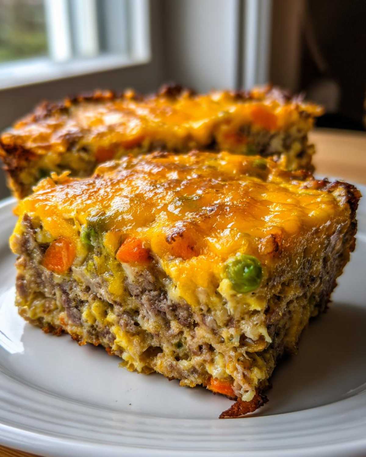 Close-up of a thick slice of meatloaf casserole topped with melted cheddar cheese, showing ground meat texture and visible peas and carrots.