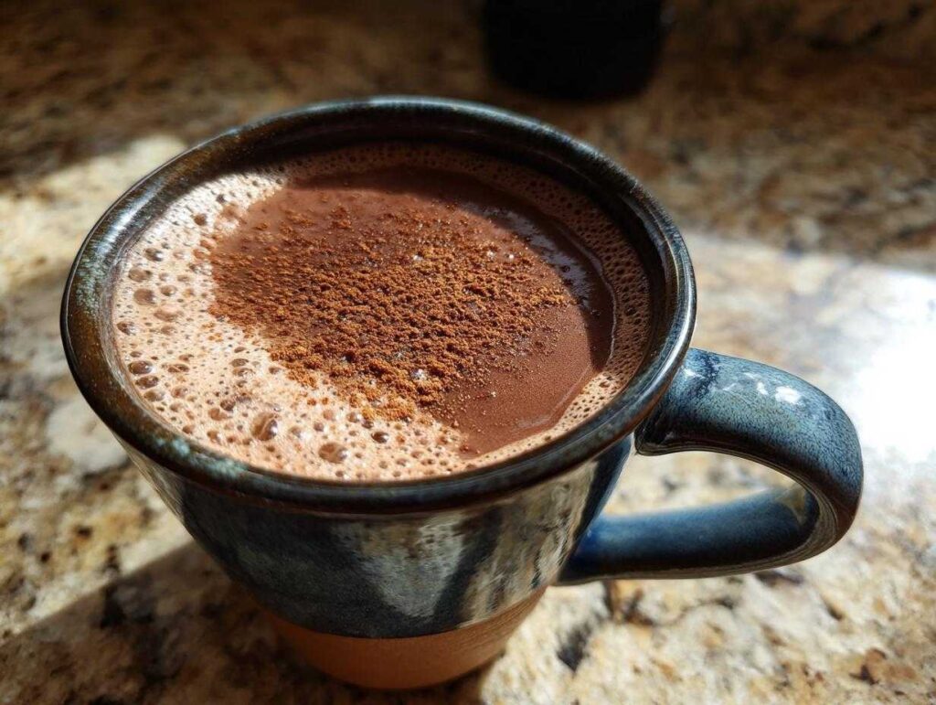 Close-up of a rich Mexican hot chocolate topped with cinnamon foam and powder in a rustic blue mug.