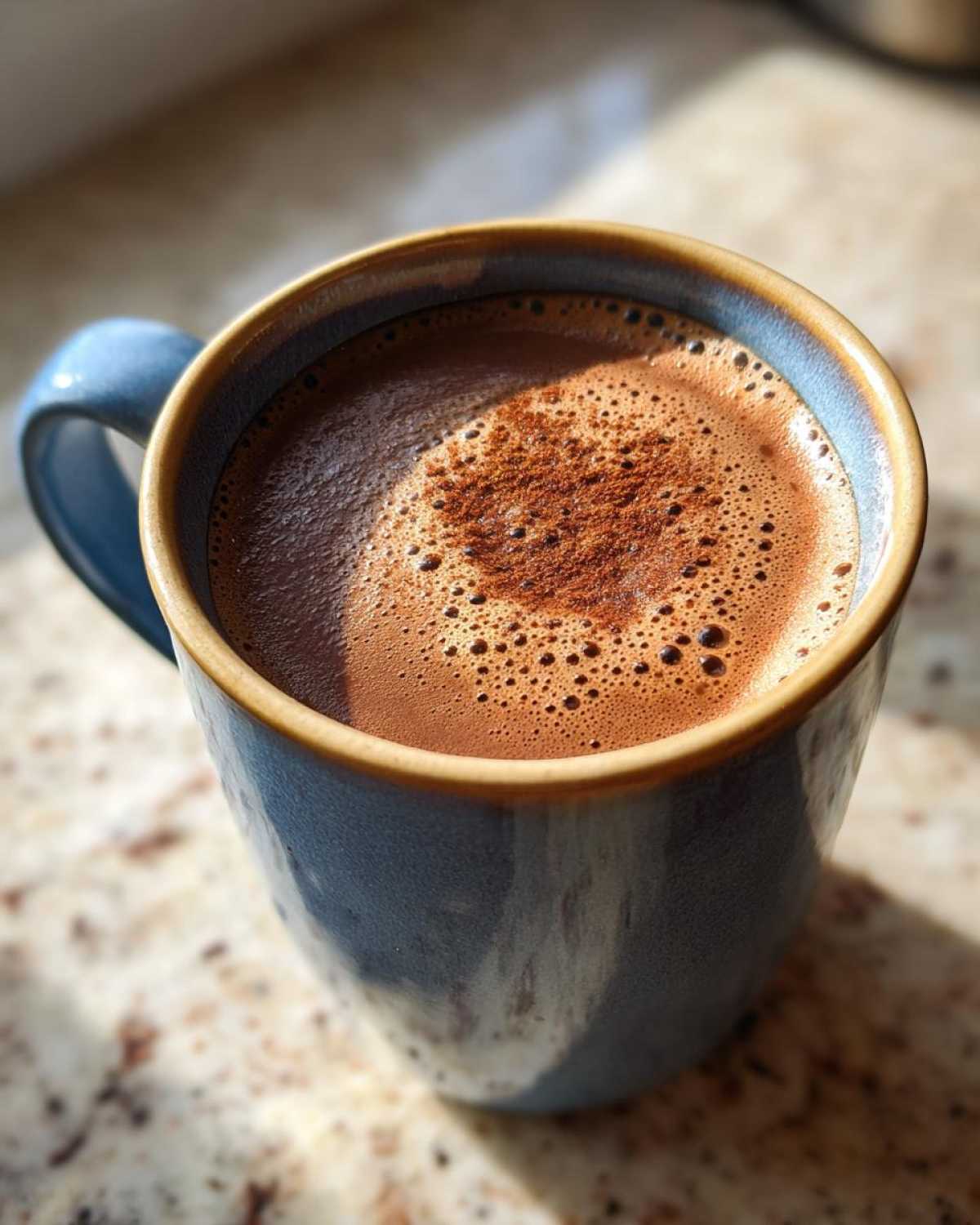 Close-up of rich, frothy Mexican hot chocolate topped with cinnamon in a blue ceramic mug.