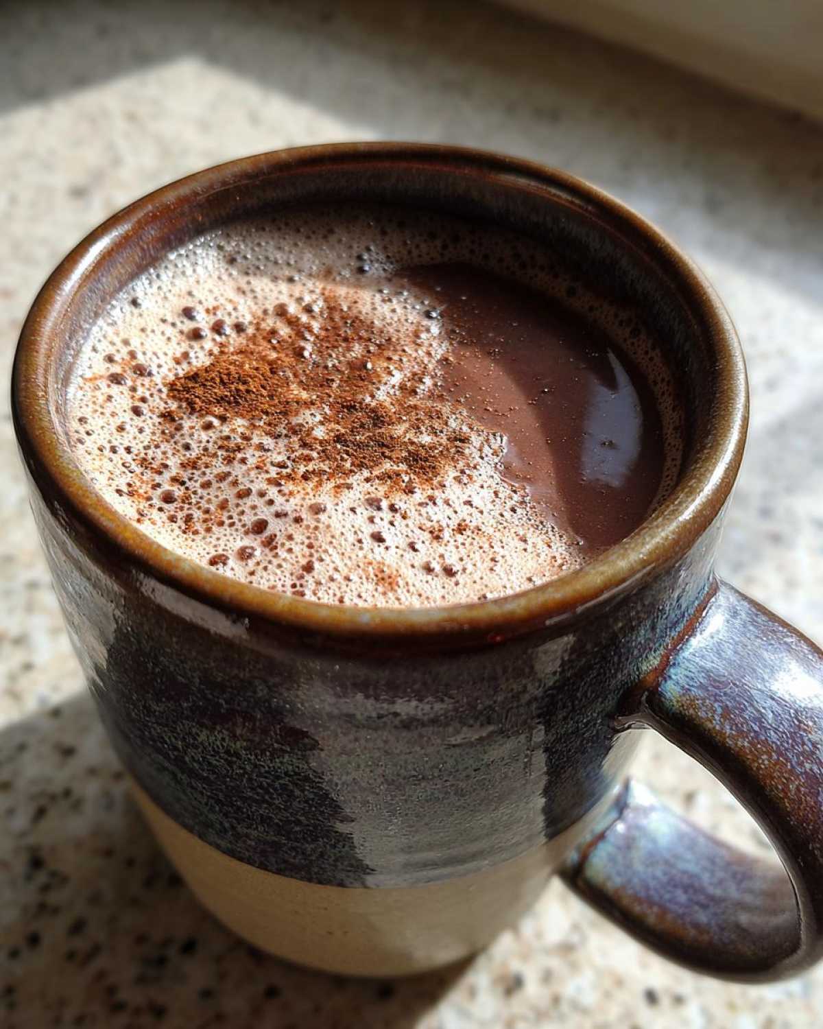 Close-up of rich Mexican hot chocolate topped with foam and a sprinkle of cinnamon in a rustic ceramic mug.