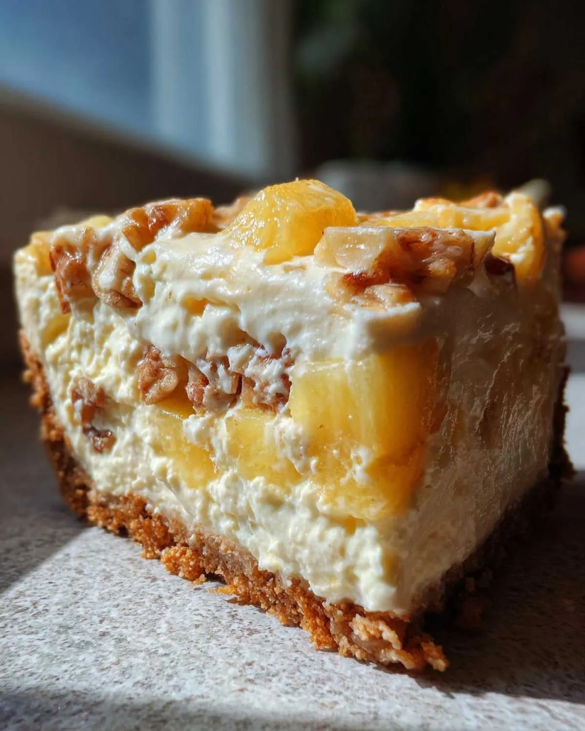 A thick slice of millionaire pie showing layers of graham cracker crust, cream filling, pineapple chunks, and pecans.