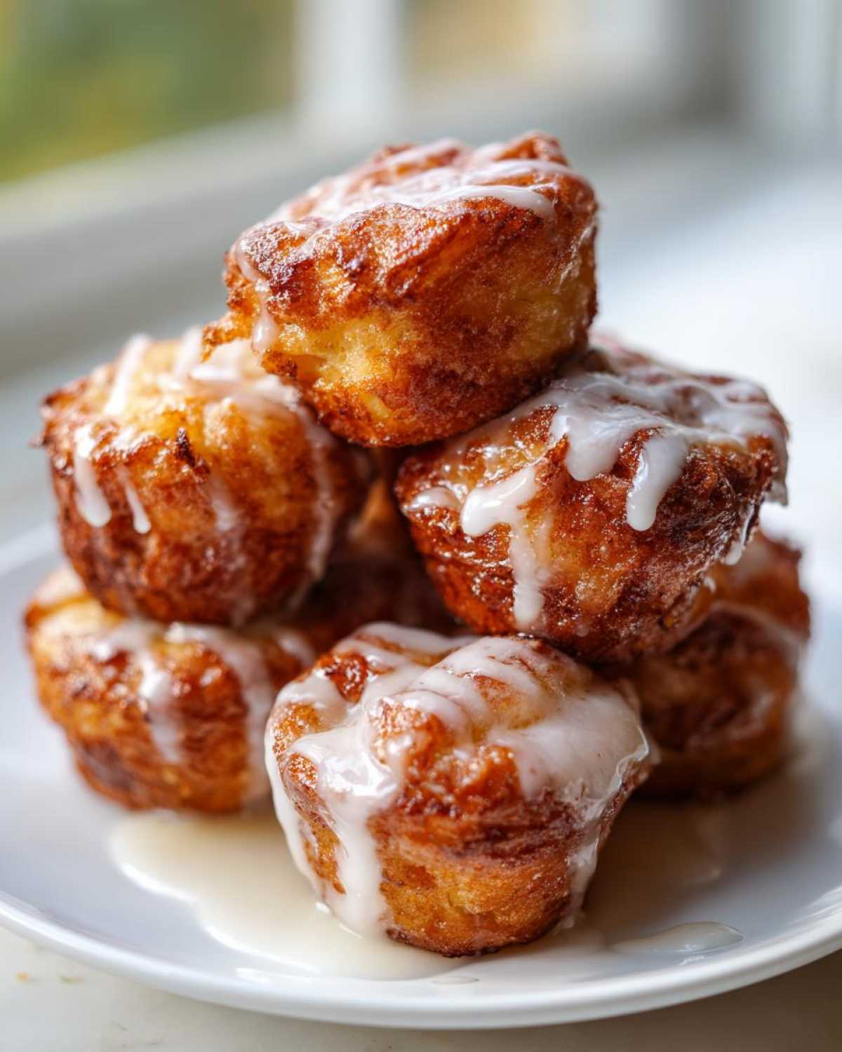 A stack of golden brown, glazed mini apple fritter bites piled on a white plate.