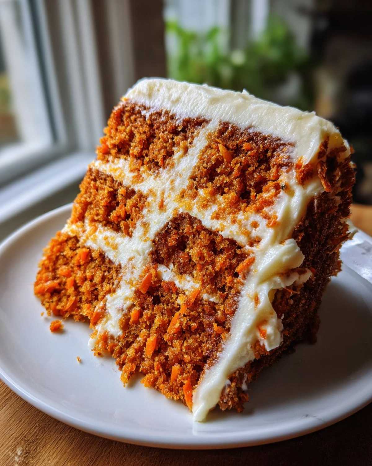 A close-up of a moist slice of carrot cake recipe showing visible shredded carrots and thick cream cheese frosting.