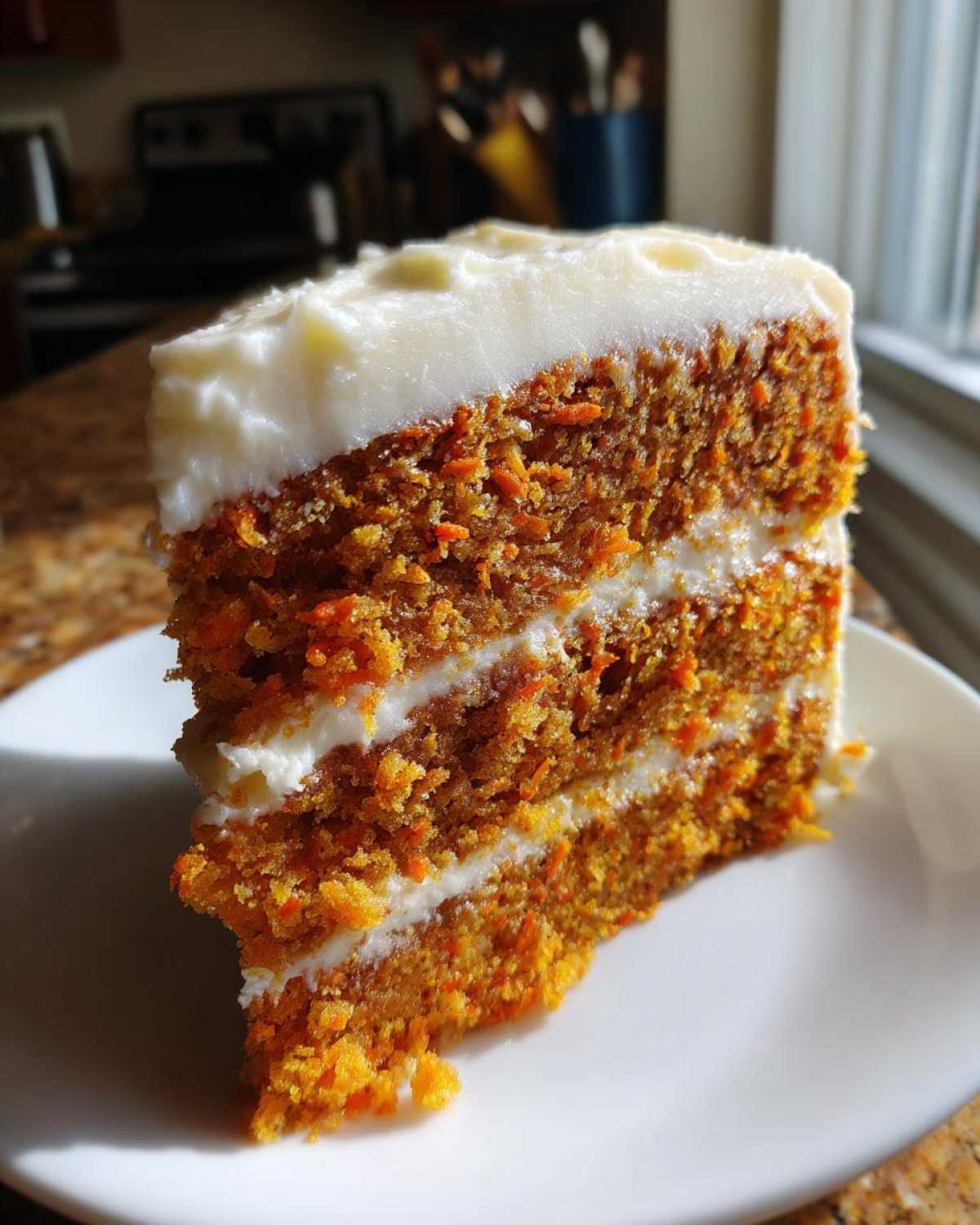 A tall, moist slice of layered carrot cake with thick cream cheese frosting, sitting on a white plate.