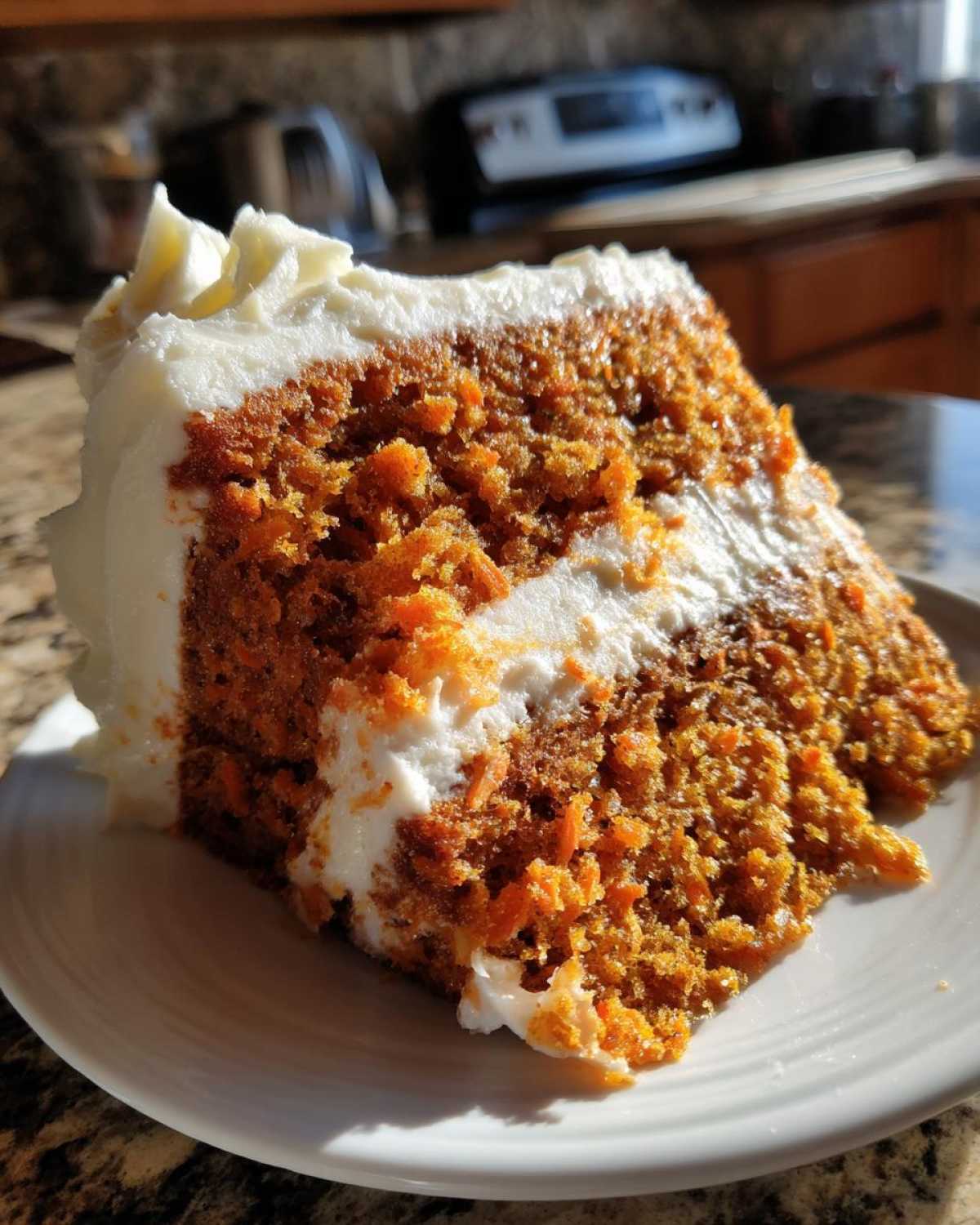 Close-up of a moist slice of carrot cake recipe, featuring visible shredded carrots and thick cream cheese frosting.