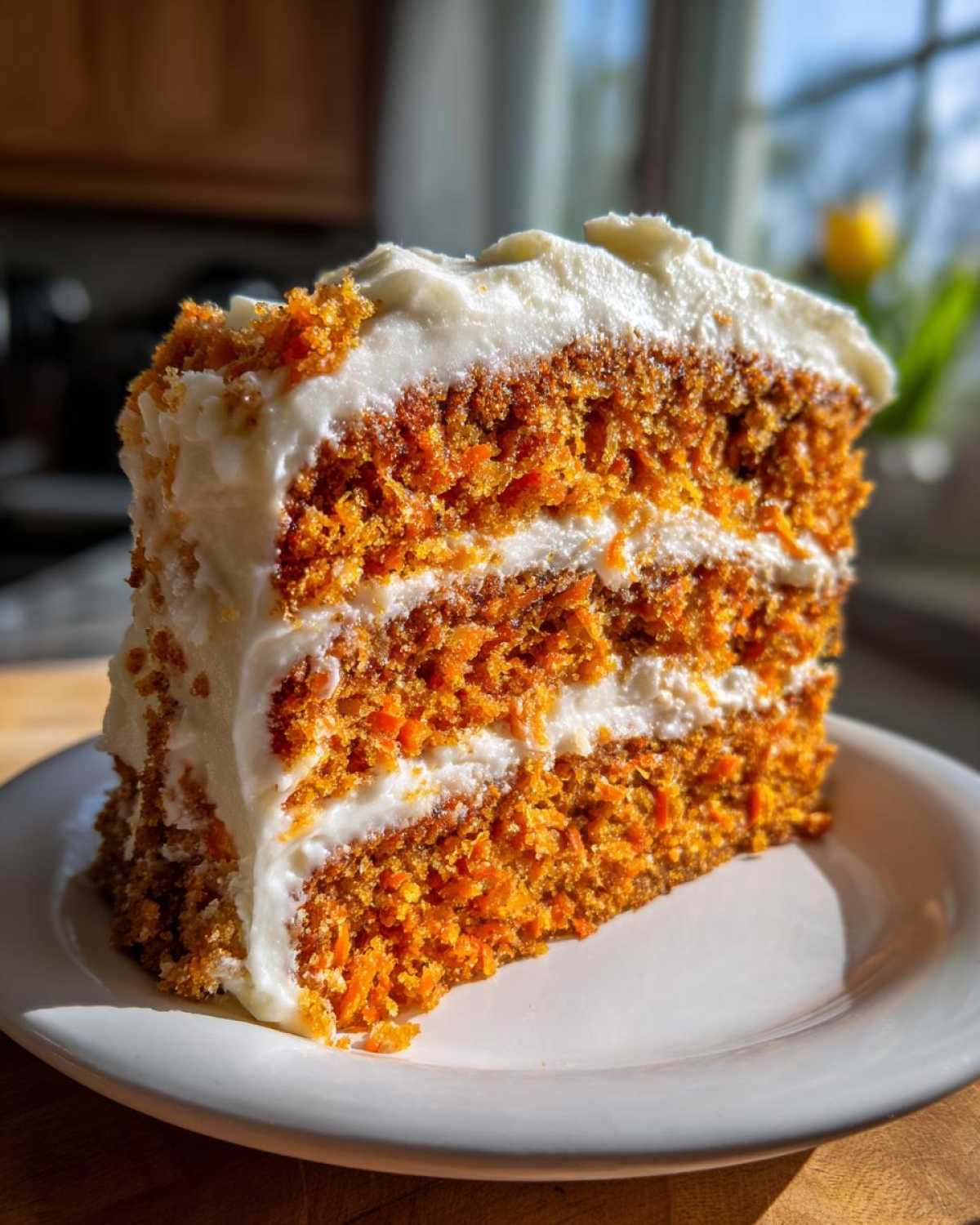 A thick, moist slice of three-layer carrot cake recipe topped with rich cream cheese frosting.
