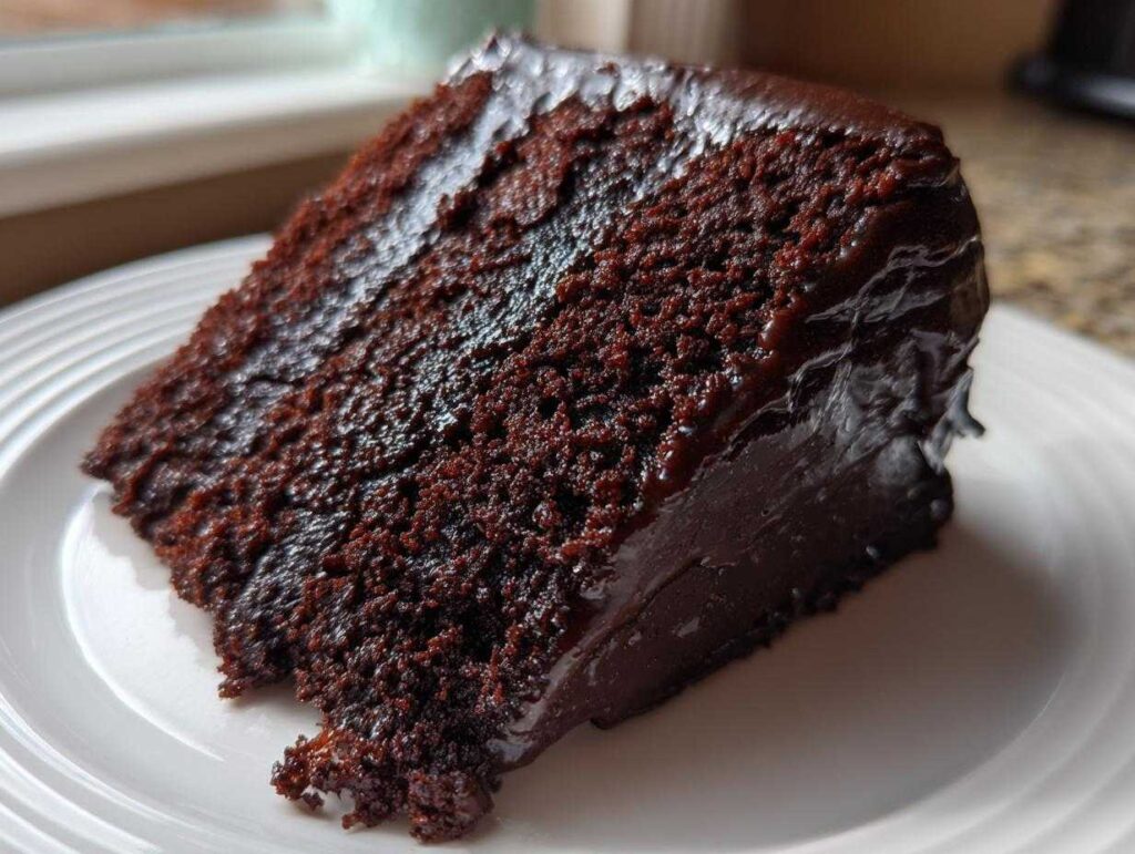 Close-up of a rich, dark slice of moist chocolate cake covered in glossy chocolate frosting.