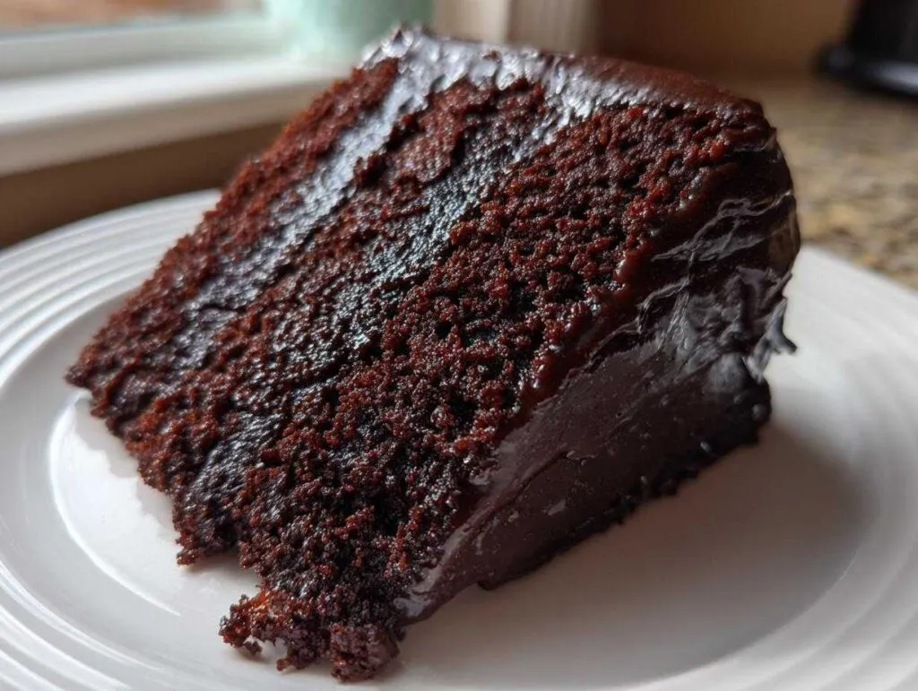Close-up of a rich, dark slice of moist chocolate cake covered in glossy chocolate frosting.