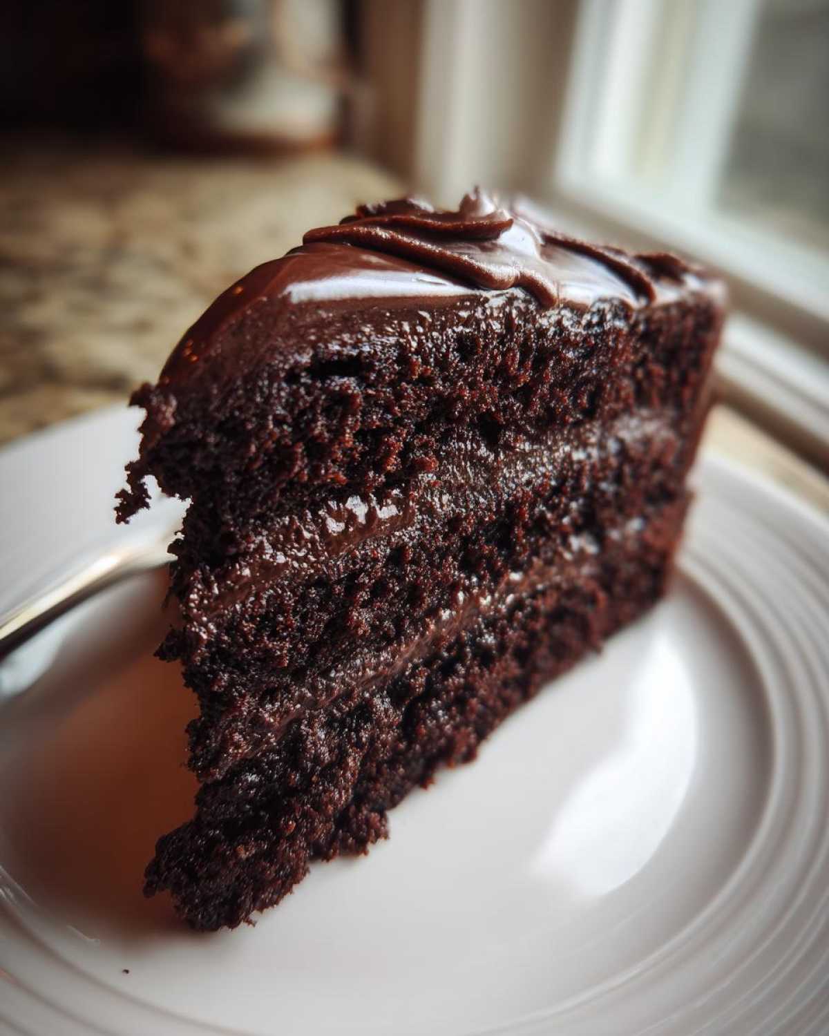 Close-up of a slice of incredibly moist chocolate cake layered with dark chocolate frosting.