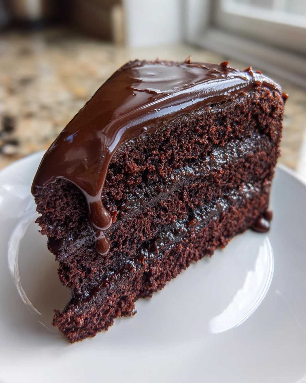 Close-up of a rich slice of moist chocolate cake layered with filling and topped with dripping chocolate ganache.