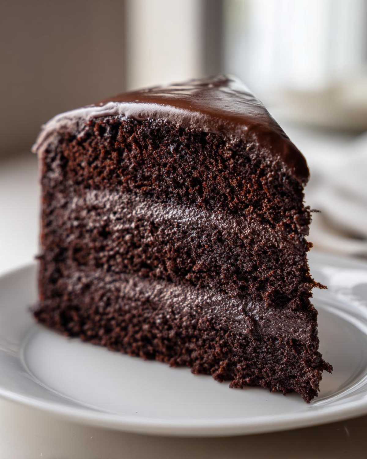 Close-up of a rich, moist chocolate cake slice showing three layers and glossy ganache frosting.