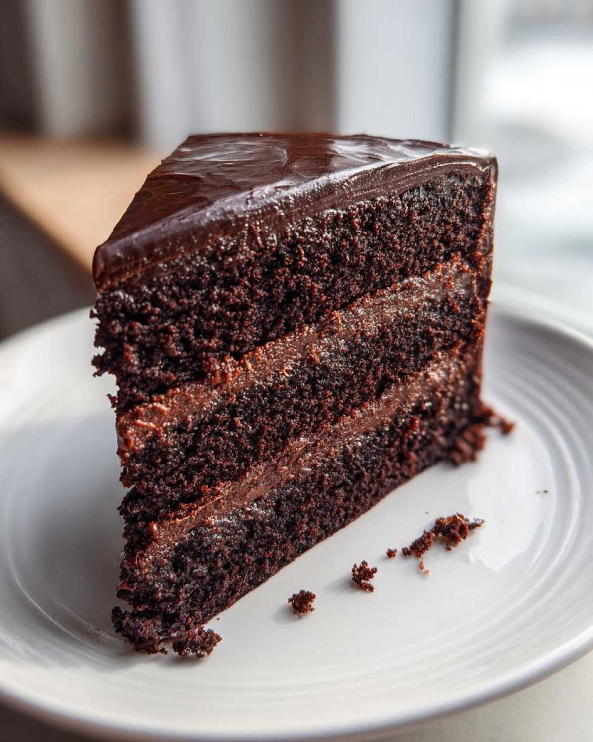 A tall slice of moist chocolate cake with three layers of dark sponge and filling, topped with glossy ganache.
