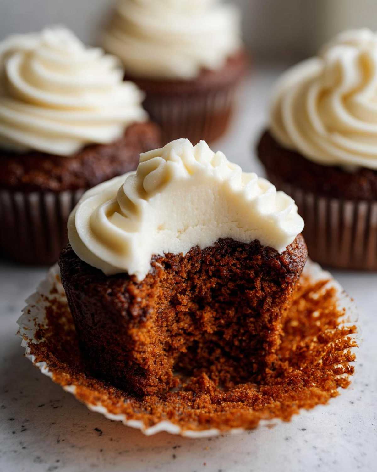 Close-up of a moist gingerbread cupcake with a bite taken out, showing the rich brown crumb and thick cream cheese frosting.