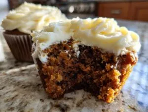 Close-up showing the moist, dark crumb texture of a gingerbread cupcake with a bite taken out, topped with cream cheese frosting.