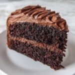 Close-up of a rich, dark slice of homemade chocolate cake layered with thick chocolate frosting.
