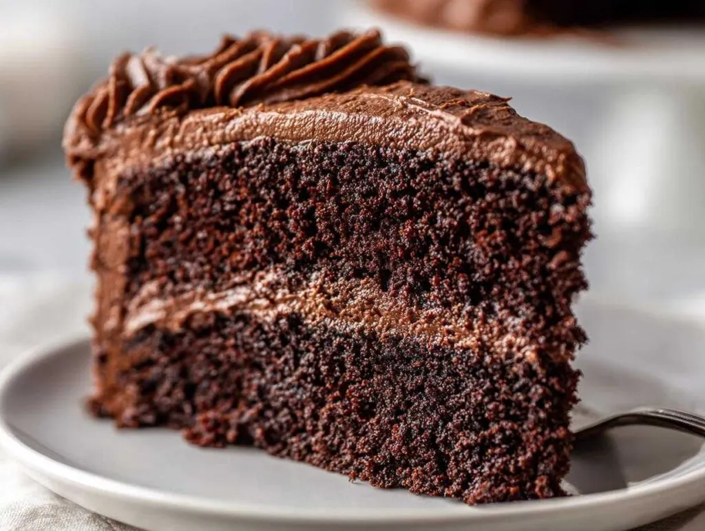 Close-up of a moist slice of homemade chocolate cake layered with rich chocolate frosting.