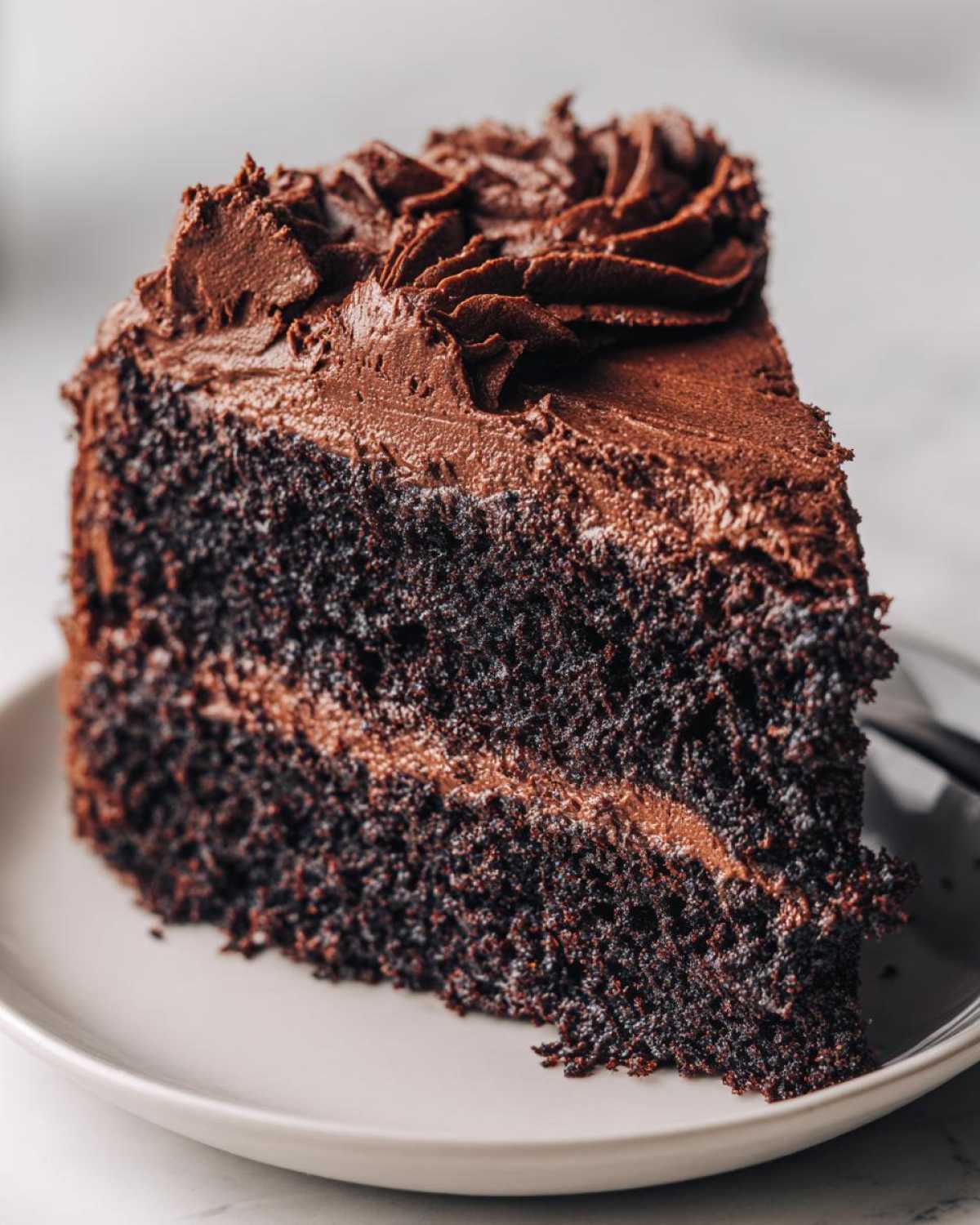 Close-up of a rich, dark slice of homemade chocolate cake layered with thick chocolate frosting.