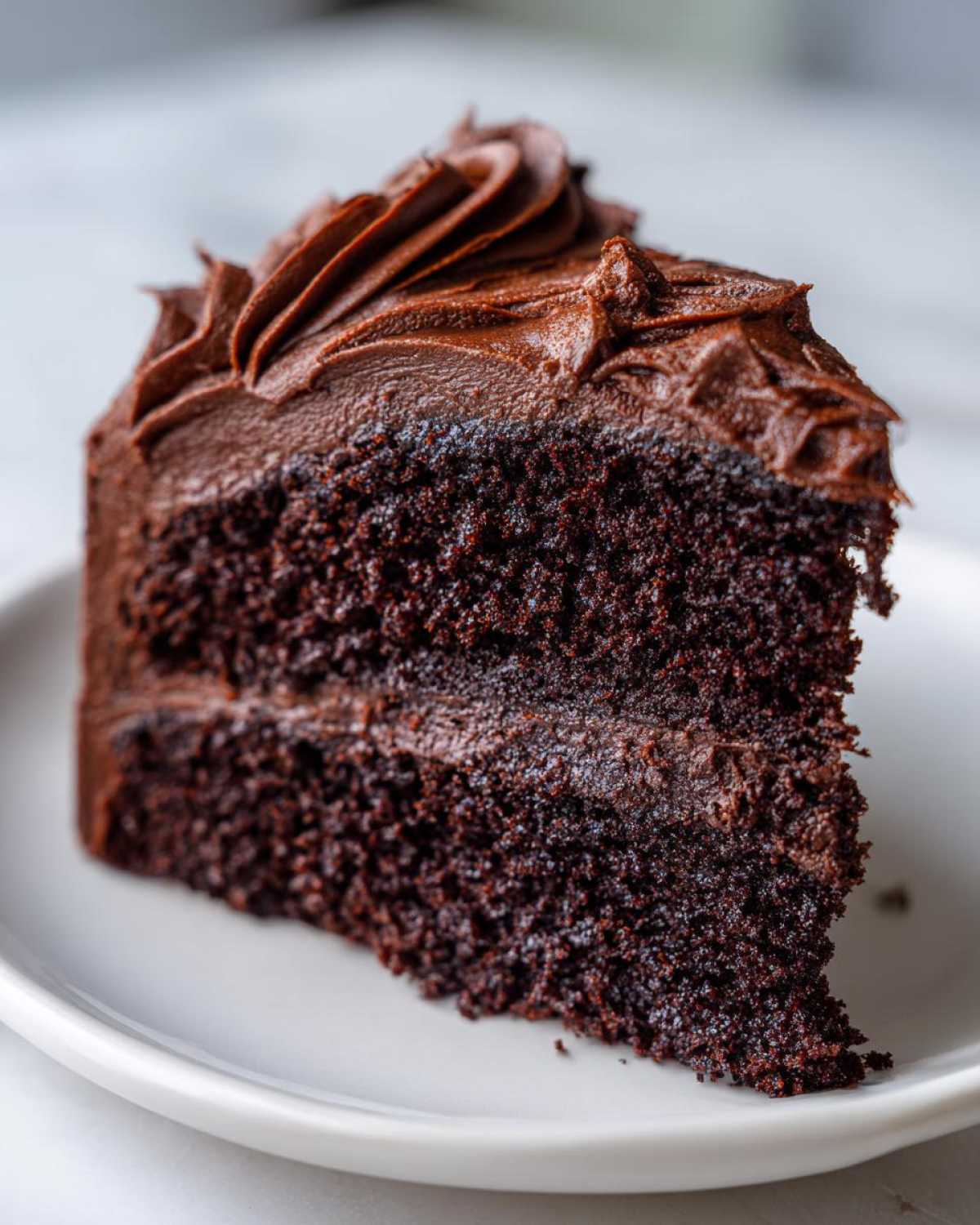 Close-up of a rich, moist slice of homemade chocolate cake layered with dark chocolate frosting.