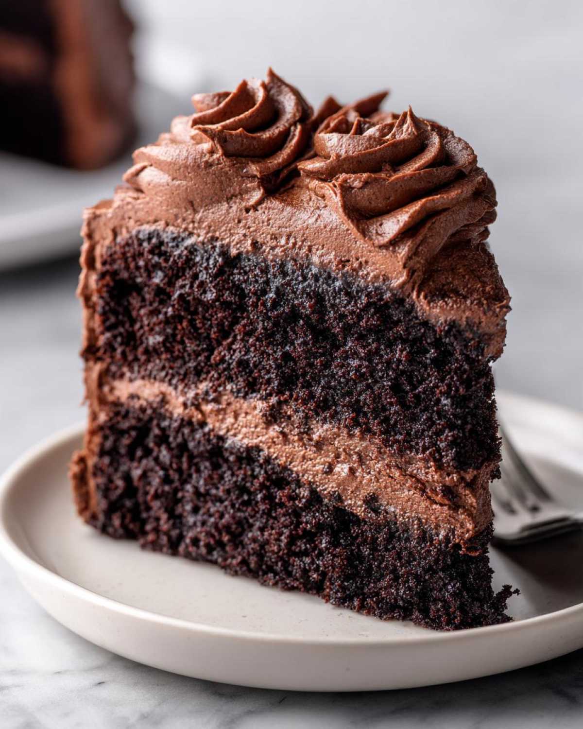 Close-up of a rich, moist slice of homemade chocolate cake layered with chocolate frosting.