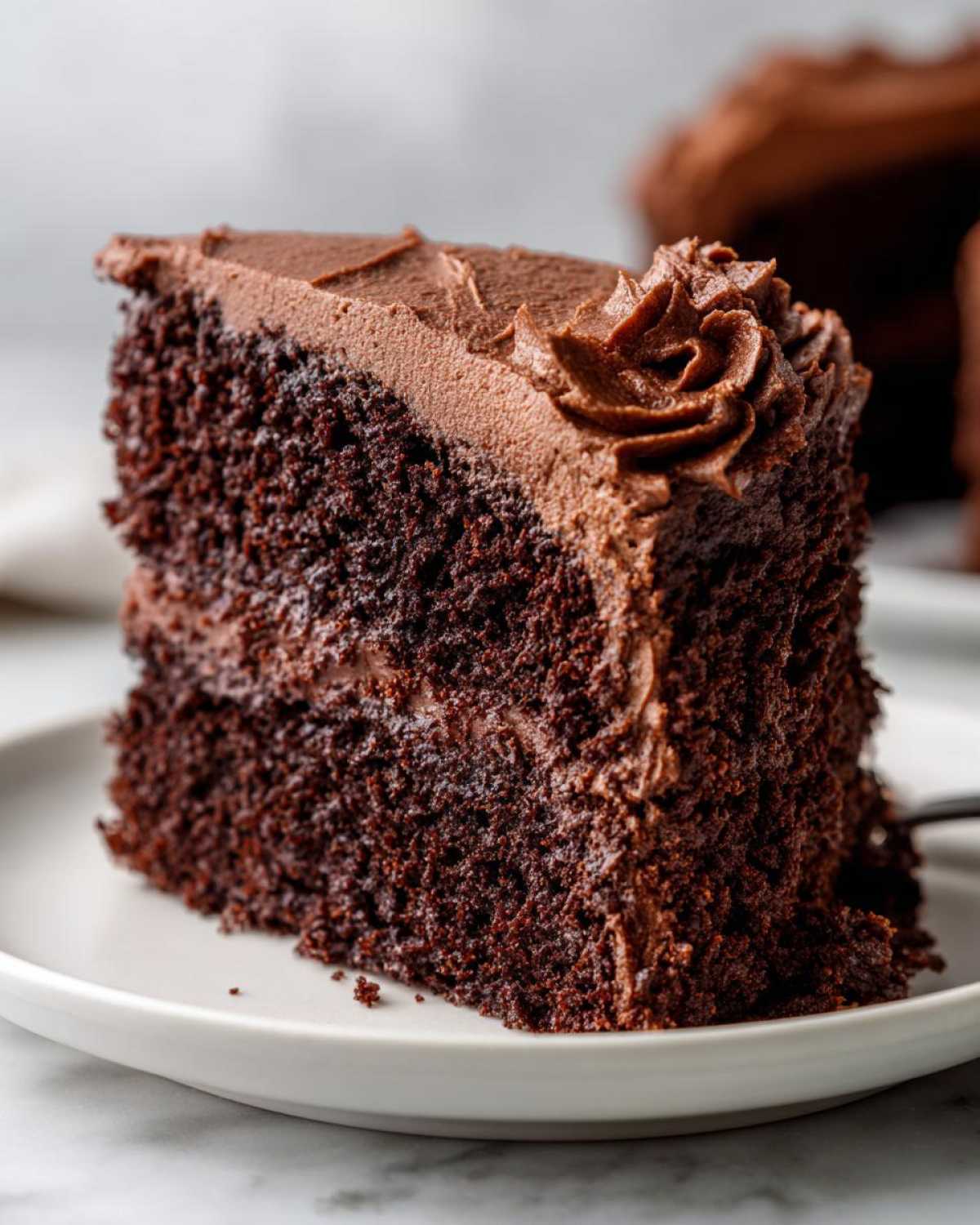 Close-up of a moist slice of homemade chocolate cake layered and topped with rich chocolate frosting.