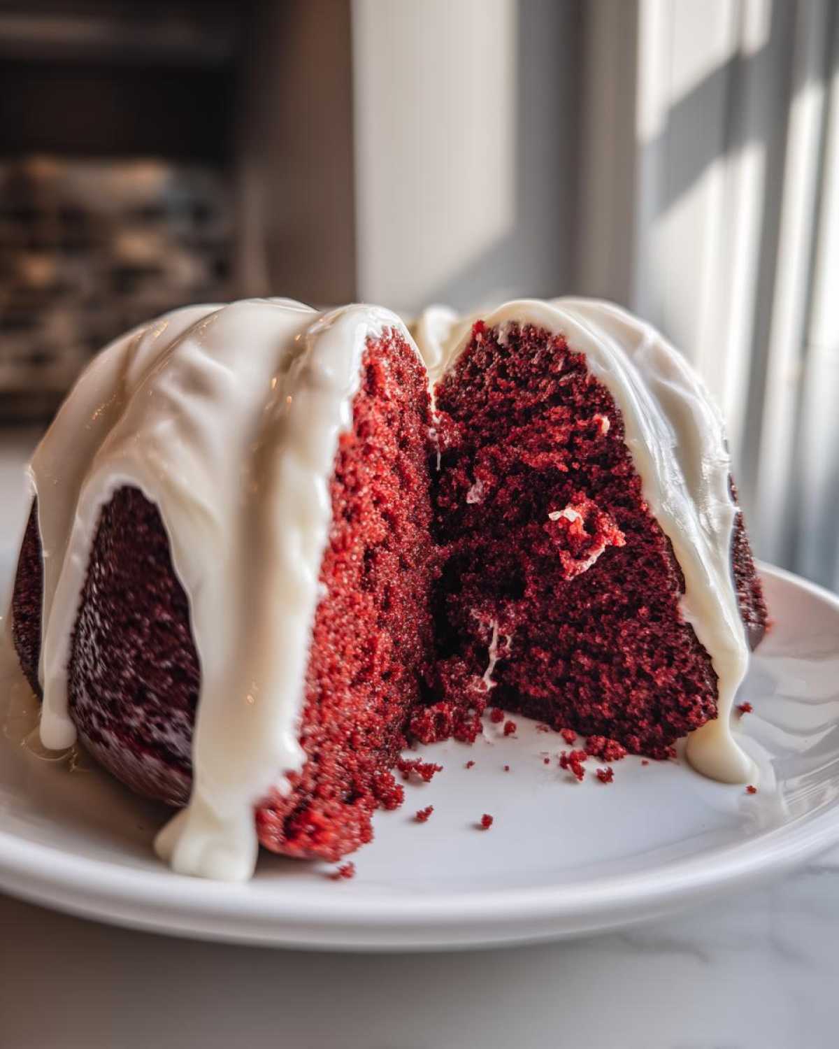 A moist red velvet bundt cake, cut in half to show the rich red interior, heavily drizzled with white cream cheese glaze.