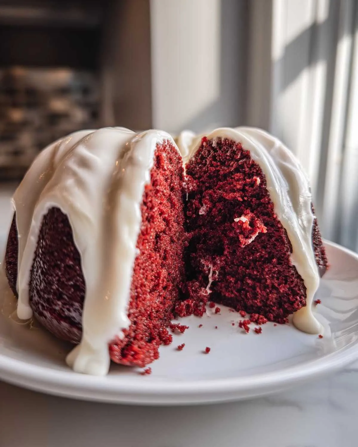 A moist red velvet bundt cake, cut in half to show the rich red interior, heavily drizzled with white cream cheese glaze.