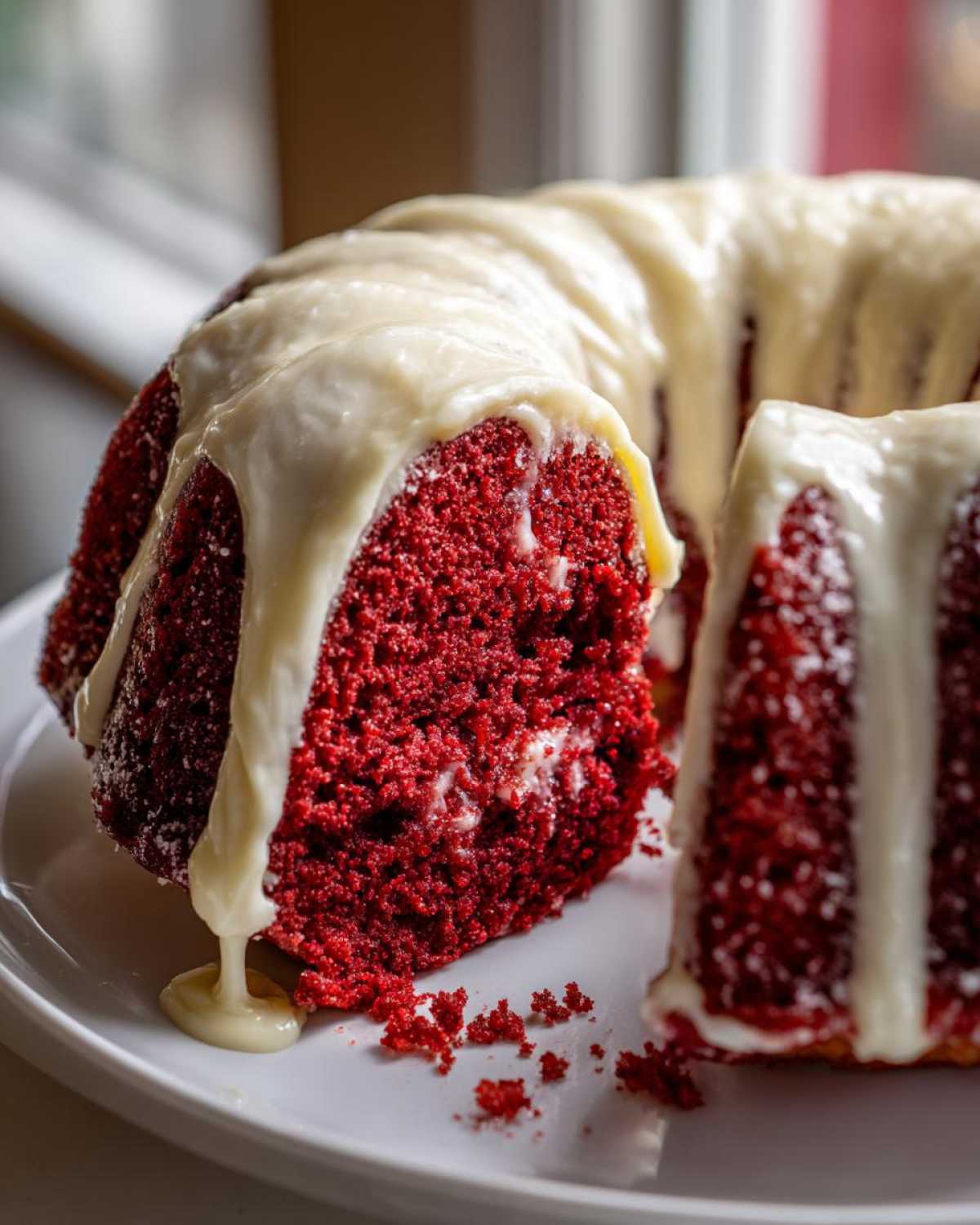 Close-up of a vibrant red velvet bundt cake with a thick, dripping cream cheese glaze, a slice removed.