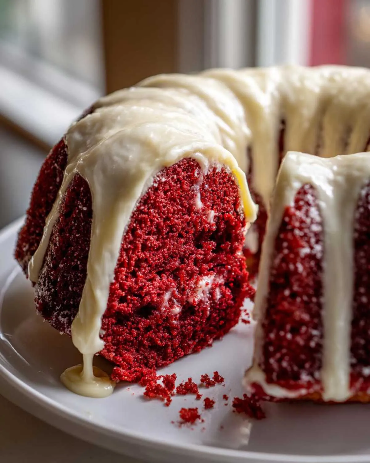 Close-up of a vibrant red velvet bundt cake with a thick, dripping cream cheese glaze, a slice removed.