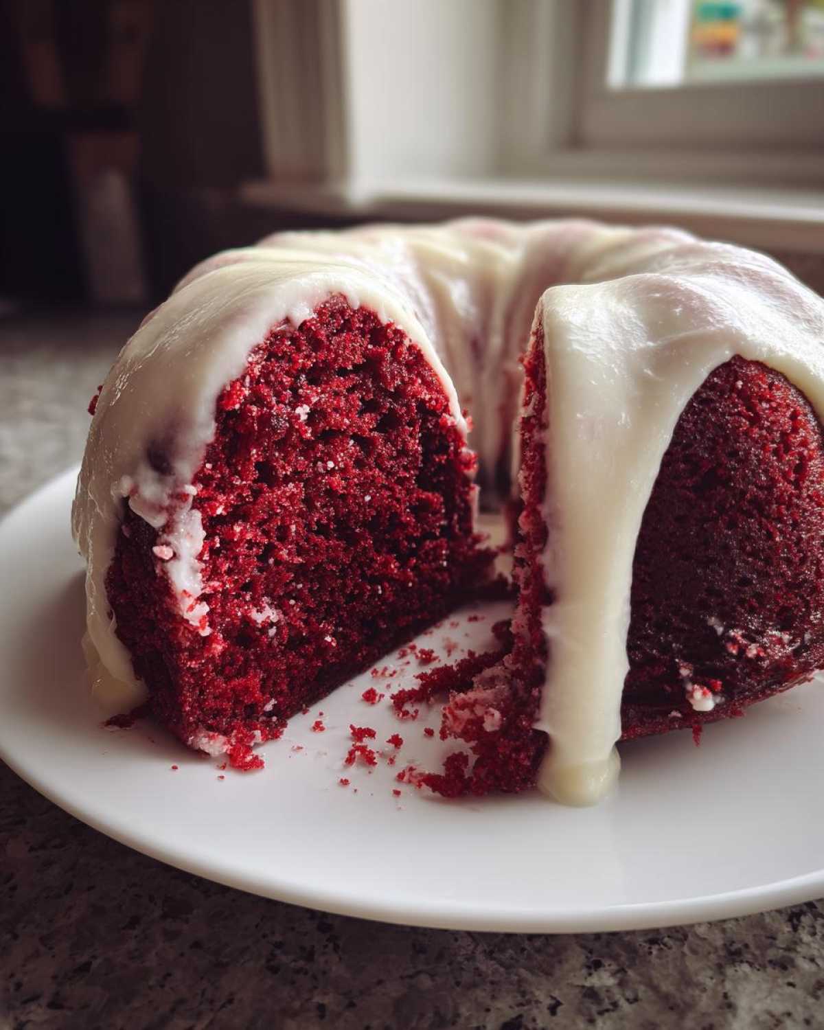 A slice cut from a vibrant red velvet bundt cake topped with thick white cream cheese glaze.