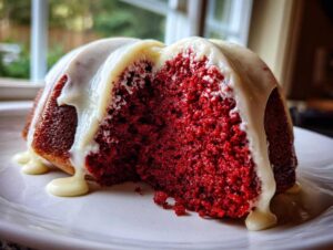 Close-up of a slice cut from a vibrant red velvet bundt cake topped with dripping cream cheese glaze.
