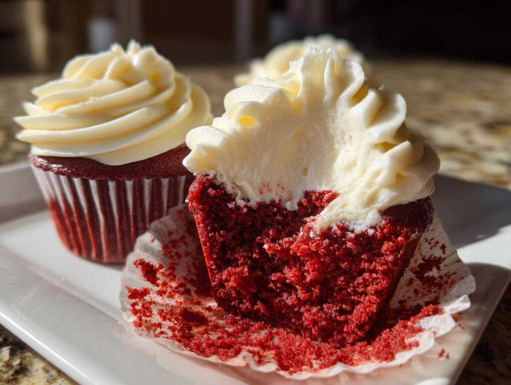 Close-up of a red velvet cupcakes, one bitten into, showing the moist red cake and thick cream cheese frosting.