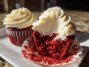 Close-up of a red velvet cupcakes, one bitten into, showing the moist red cake and thick cream cheese frosting.