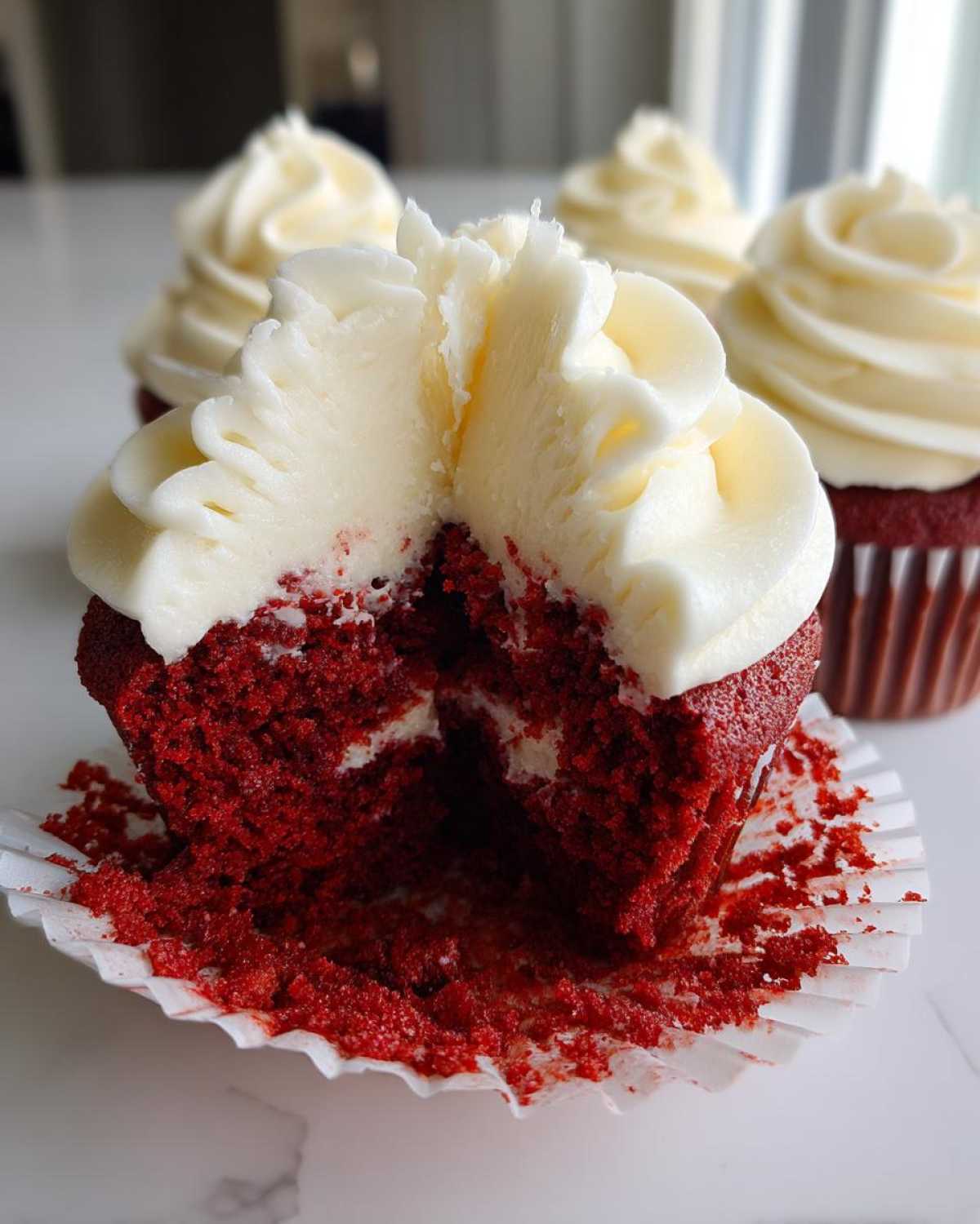 Close-up of a moist red velvet cupcake cut in half showing the deep red crumb and thick cream cheese frosting.