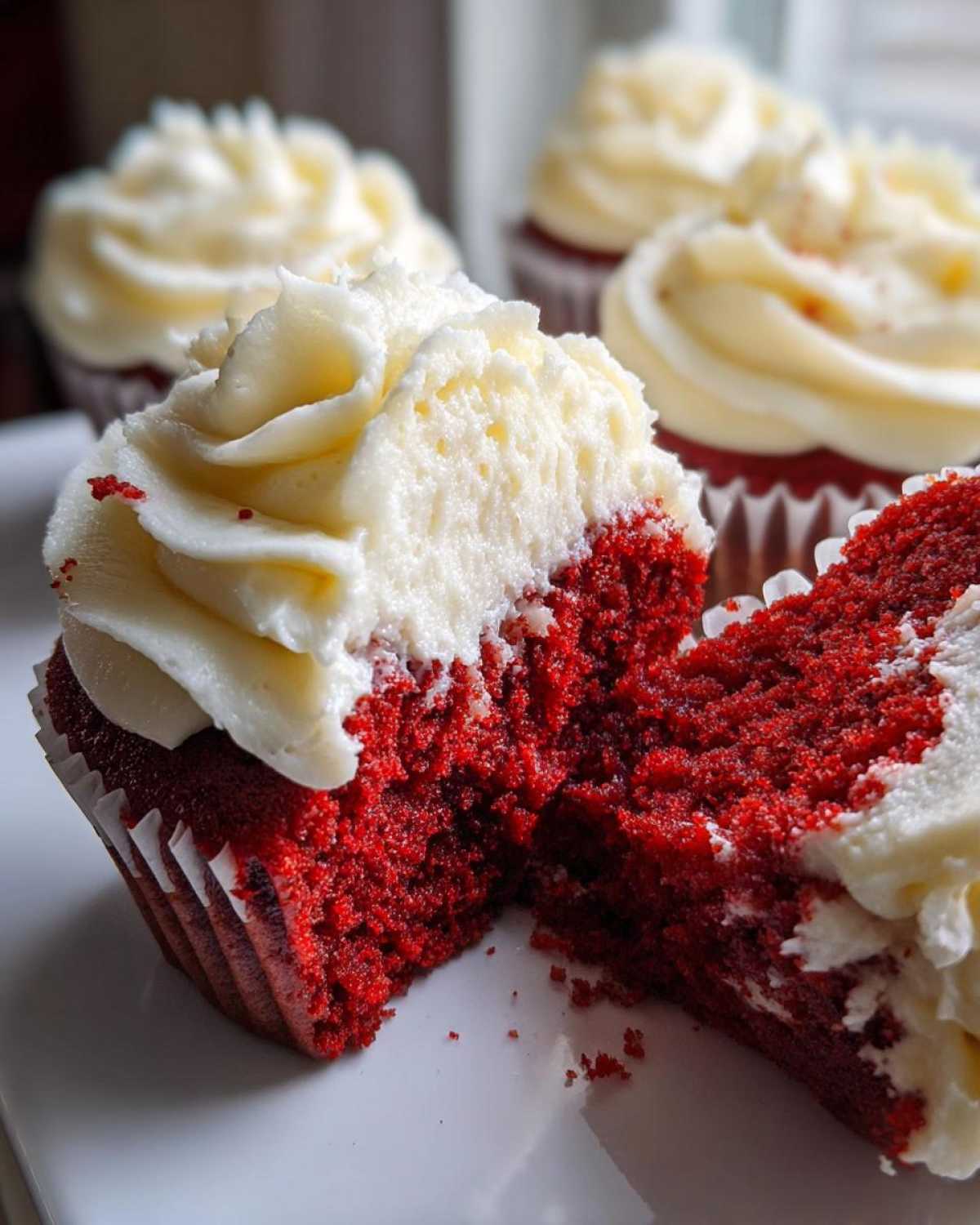 Close-up of a red velvet cupcake cut in half showing the moist red cake and thick cream cheese frosting.
