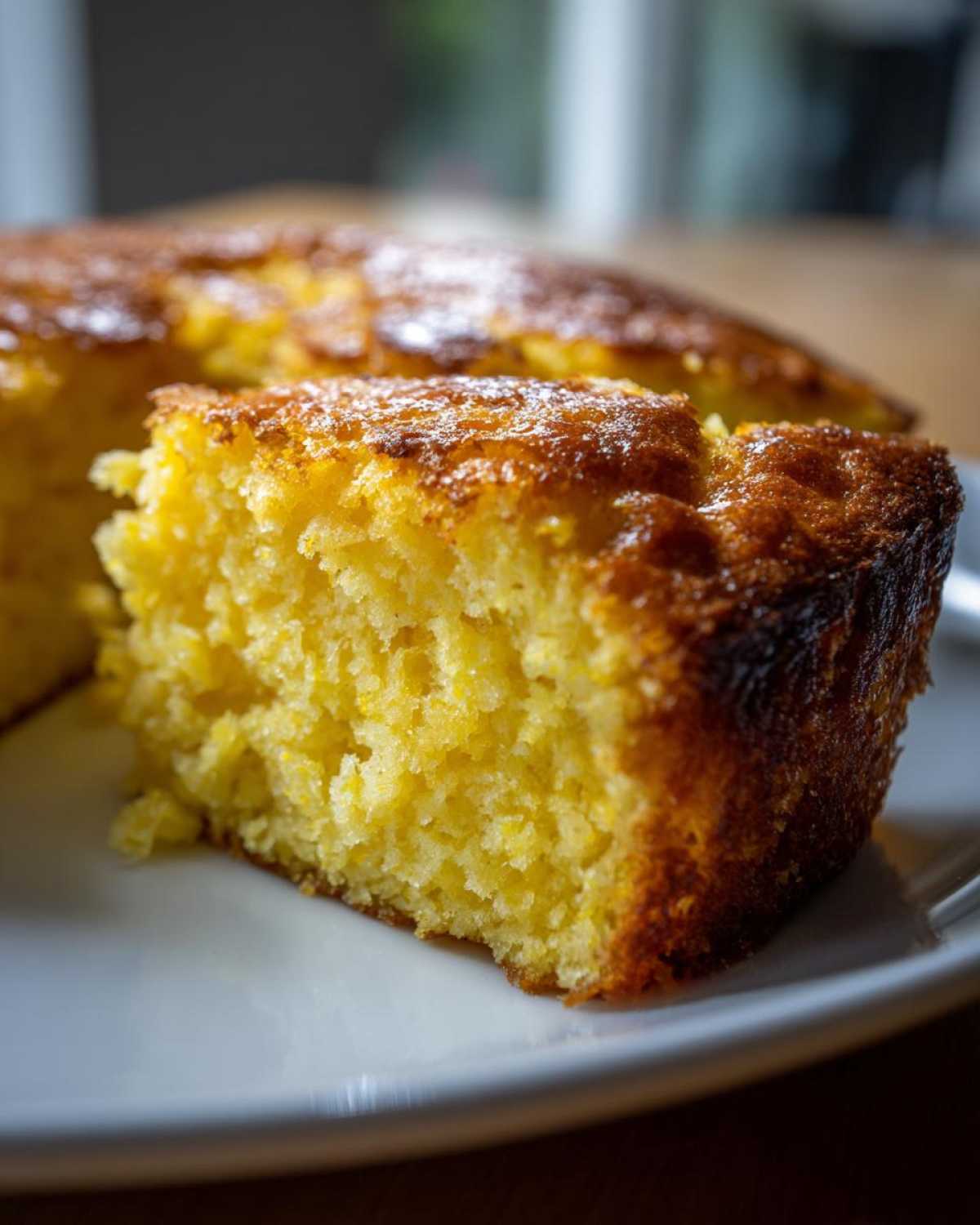 Close-up of a moist, golden slice of skillet cornbread with a beautifully browned crust on a white plate.