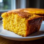 A close-up shot of a thick, moist slice of golden yellow skillet cornbread on a white plate.