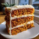 Close-up of a thick, three-layer slice of moist carrot cake recipe with rich cream cheese frosting.