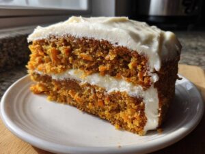 A thick, moist slice of carrot cake recipe featuring visible shredded carrots and rich cream cheese frosting layers.