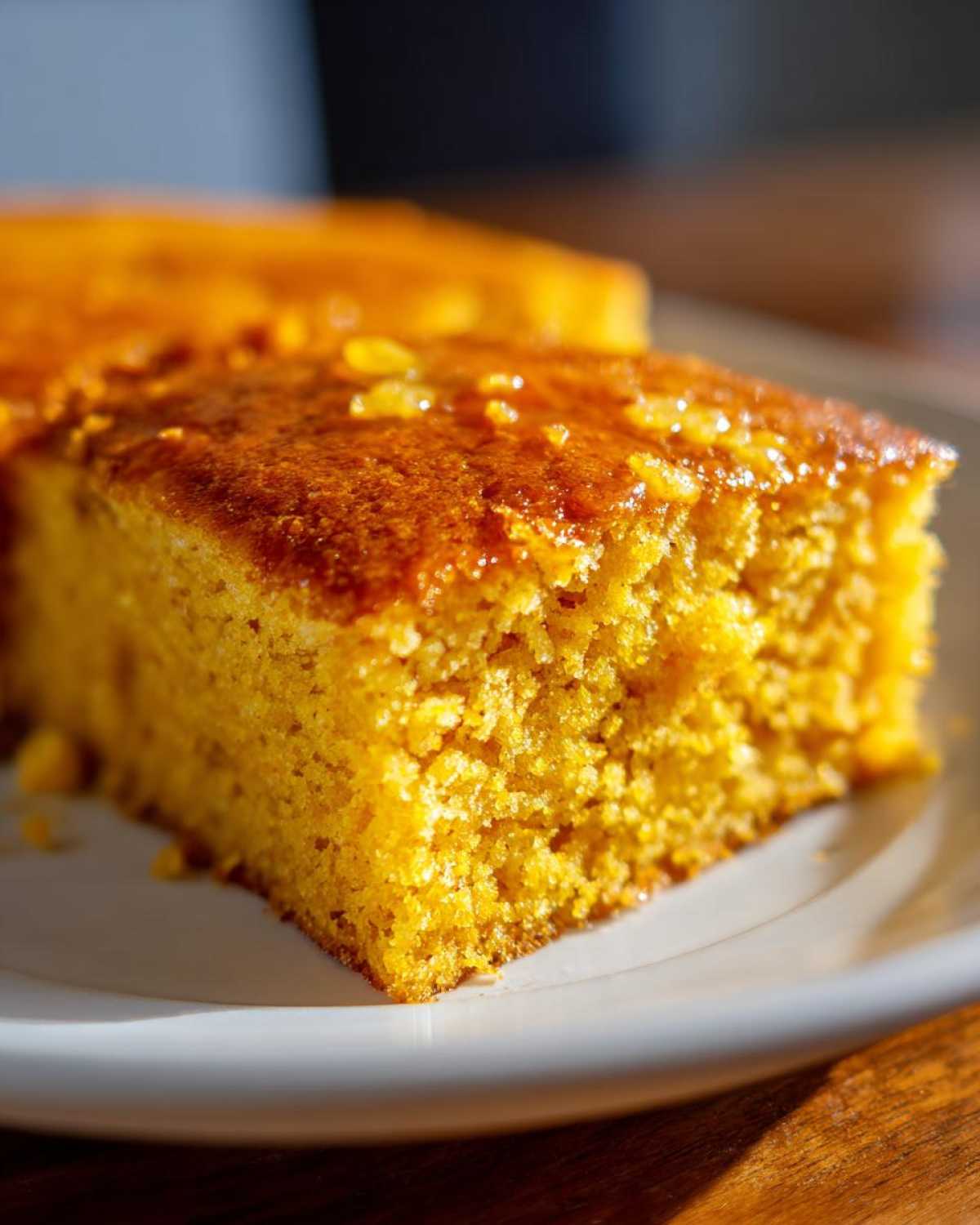 Close-up of a square slice of vibrant orange sweet potato cornbread with a shiny, glazed top.