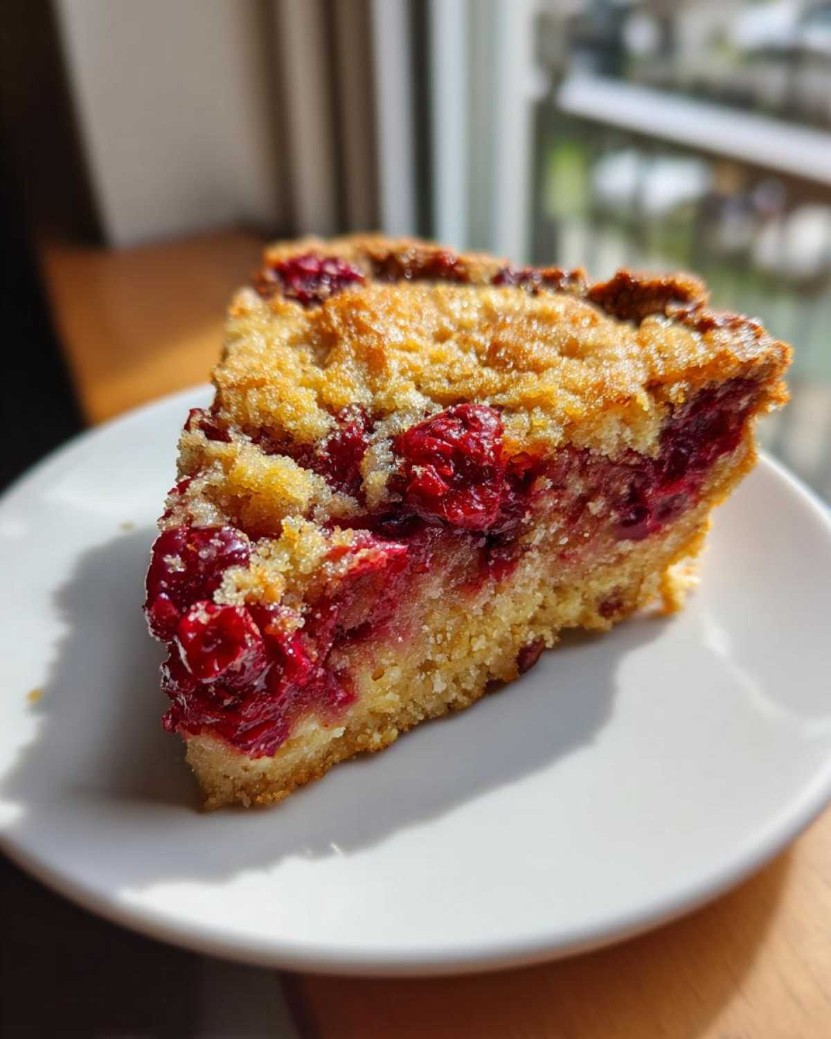 A close-up of a delicious slice of Nantucket cranberry pie showing the bright red filling and golden crumb topping.