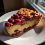 A close-up slice of Nantucket cranberry pie showing a rich yellow filling and topped with bright red, sugared cranberries.
