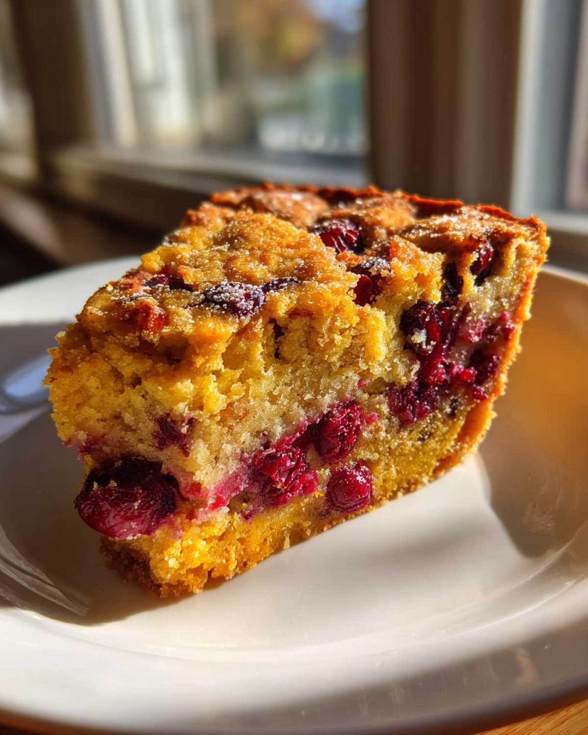 Close-up of a golden slice of Nantucket cranberry pie showing bright red cranberries baked into the moist cake.