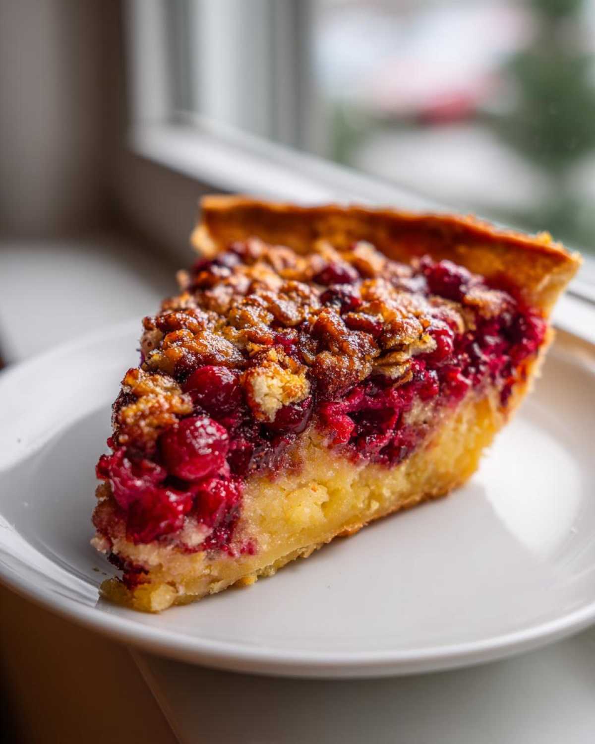 A close-up of a rich slice of Nantucket cranberry pie featuring a thick cranberry filling and a golden crumb topping on a white plate.
