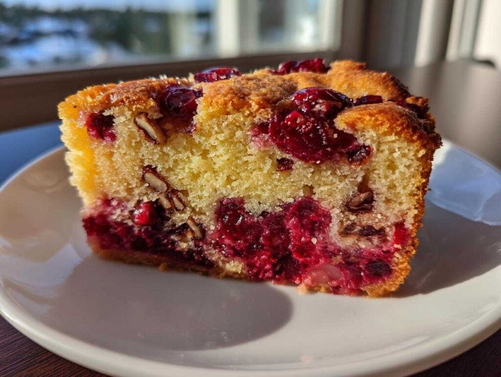Close-up of a moist slice of Nantucket cranberry pie showing bright red cranberries and pecans baked into the golden cake.