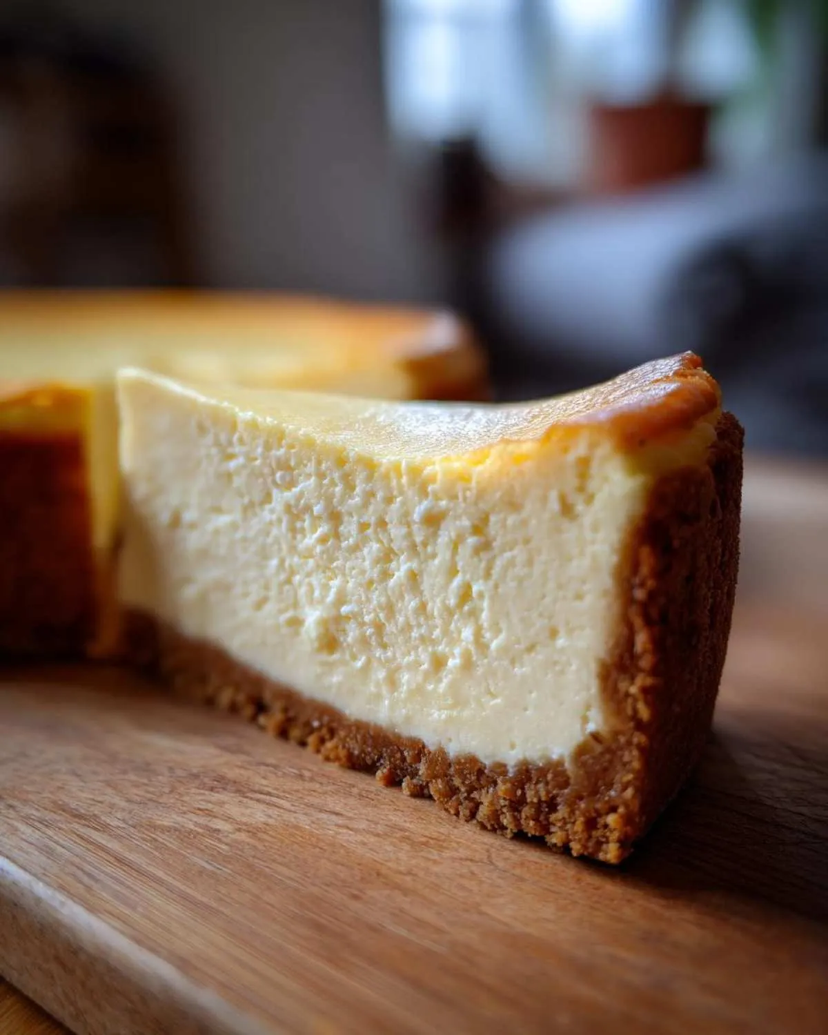 Close-up of a thick, creamy slice of new york cheesecake with a graham cracker crust on a wooden cutting board.