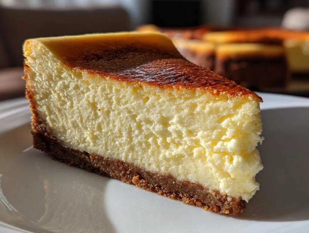 A thick slice of creamy new york cheesecake with a dark graham cracker crust and a deeply browned top.