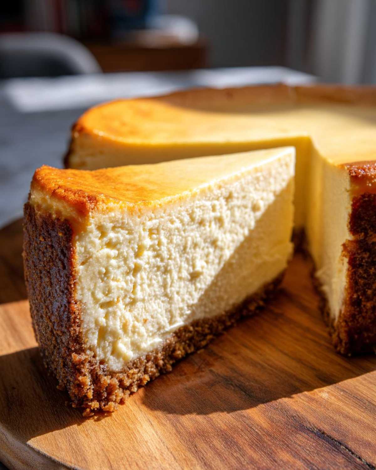 A thick, creamy slice of new york cheesecake with a golden top and graham cracker crust sits on a wooden cutting board.
