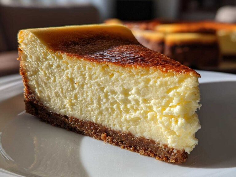 A thick slice of creamy new york cheesecake with a dark graham cracker crust and a deeply browned top.