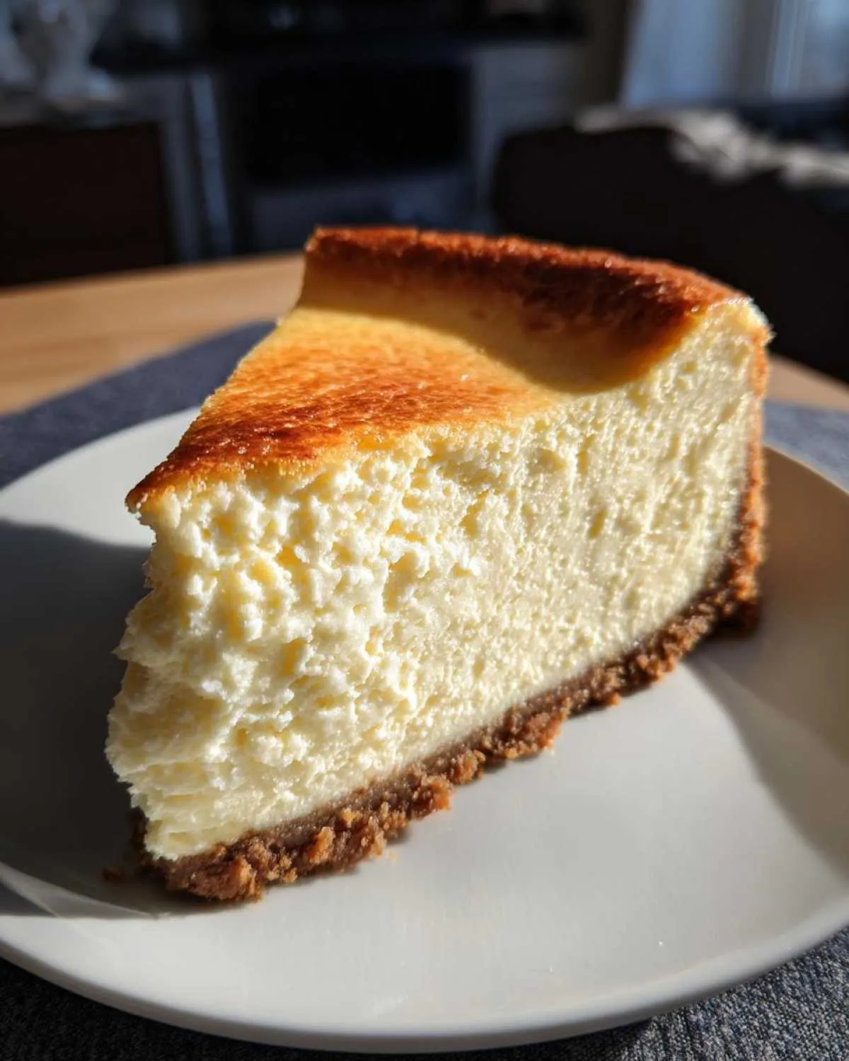 A thick, creamy slice of new york cheesecake with a golden-brown top and graham cracker crust on a white plate.