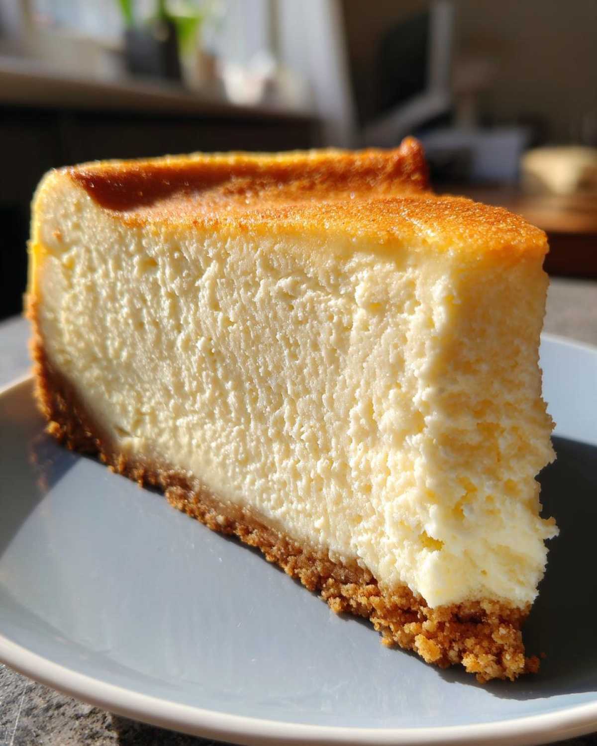A thick, creamy slice of new york cheesecake with a golden brown top and graham cracker crust on a blue plate.